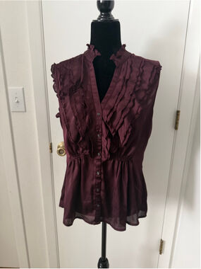 Y2K Converse One Star Ruffle Blouse XL Burgundy Satin Sheer Sleeveless Goth Coqu